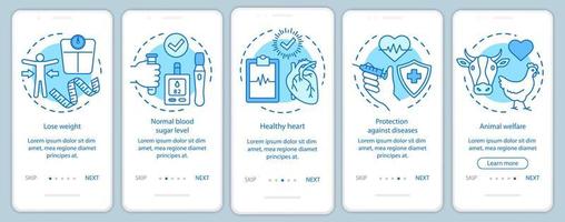 vegan voordelen onboarding mobiele app pagina scherm vector sjabloon. vegetarische levensstijl voordelen walkthrough website stappen met lineaire illustraties. ux, ui, gui smartphone-interfaceconcept