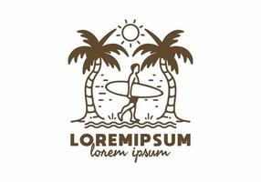 surfer en kokospalm lijntekeningen met lorem ipsum tekst vector
