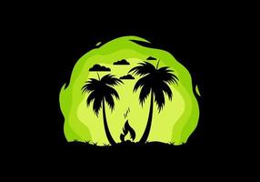 silhouet van vreugdevuur en kokospalmen op het strand vector