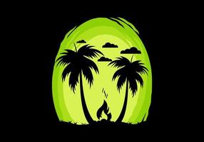 silhouet van vreugdevuur en kokospalmen op het strand vector