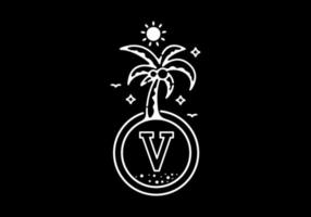 witte zwarte lijn kunst illustratie van kokospalm op het strand met v beginletter vector