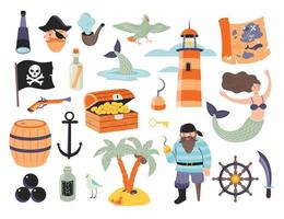 piratenset met karakters, zeemeermin, schatkaart, kist, vuurtoren, verrekijker, rum, musket, jolly roger, palmeilanden etc. bundel piraat
