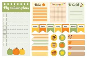 leuke herfst takenlijst en notitiesjabloon. notitiepapier en stickers met herfstillustraties. notitiepapier en stickers met herfstelementen. sjabloon voor agenda, planning, planners, checklists. vector