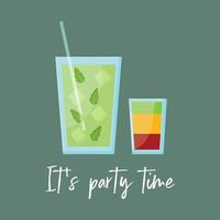 twee glazen zomercocktails en een inscriptie it's party time. leuke trendy illustratie voor uitnodiging voor het feest, ontwerp van bar.