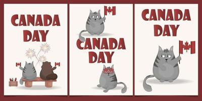 3 canada day wenskaarten met grijze kat en bever, vector, cartoon vector