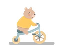 schattige beer op een fiets. illustratie voor kinderboek, tijdschrift, ansichtkaart, poster. karakter illustratie voor kinderen. vector