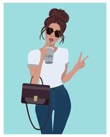 illustratie, modern meisje in jeans en zonnebril met een wegwerpglas koffie. afdrukken, poster, illustraties, vector