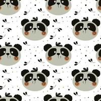 naadloze patroon, leuke grappige panda gezichten op een achtergrond met bladeren en stippen. print voor kinderen, cartoon achtergrond, textiel, kinderkamer decor