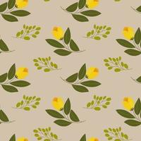 naadloze patroon, gele bloemen en takken met bladeren op een beige achtergrond. print, textiel, behang, slaapkamerinrichting
