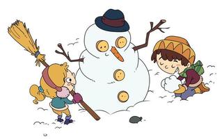 kinderen spelen met een sneeuwpop vector