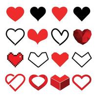 collectie element van schattig hart pictogram symbool set eenvoudige vector illustratie verschillende stijlen geschikt voor grafische vormgeving, kaart, sticker, banner of liefde en zorg tonen zoals Valentijnsdag 14 februari.