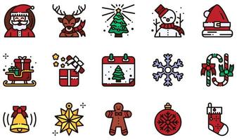set van vector iconen met betrekking tot Kerstmis. bevat iconen zoals de kerstman, rendieren, sneeuwpop, kerstmuts, slee, sneeuwvlok en meer.