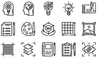 set van vector iconen gerelateerd aan design thinking. bevat iconen als creatief denken, empathie, prototype, 3D-ontwerp, pixels, schetsboek en meer.