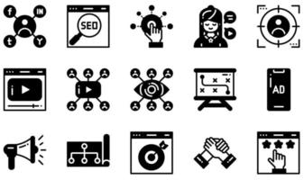 set van vector iconen gerelateerd aan digitale marketing. bevat iconen als sociale marketing, seo, influencer, videomarketing, megafoon, online marketing en meer.