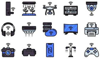 set van vector iconen gerelateerd aan internet van dingen. bevat iconen als slimme boerderij, drone, beveiligingscamera, rookmelder, computerserver, straatlantaarn en meer.