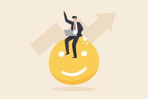 gelukkige zakenman die aan glimlachgezicht werkt. positief denken, optimistische mentaliteit of een goede houding ten opzichte van succes op het werk. vector