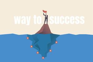 bedrijfsstrategie tot succes. klimroute naar het doel. leiderschap om zakelijke doelen carrièresucces te bereiken. bedrijfsleider houdt trots een vlag op de top van een berg. vector
