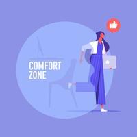 verlaat het concept van de comfortzone, zakenvrouw stapt voorzichtig uit een comfortzone
