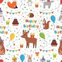 gelukkige verjaardag naadloze patroon met bos dieren herten, konijnen, beer, uil, vos en wolf. schattige vector stripfiguren.