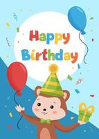 gelukkige verjaardagskaarten sjabloon voor ansichtkaarten en uitnodigingen. jungle dieren. grappige cartoon aap met ballonnen en geschenken. vectorillustratie. vector