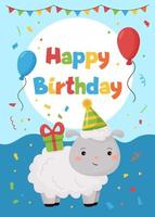 gelukkige verjaardag wenskaart voor kinderen. boerderijdieren. schattige cartoon schapen met cadeau en ballonnen.