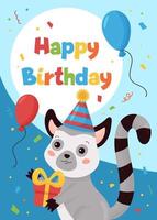 gelukkige verjaardag wenskaart voor kinderen. schattige cartoon maki met cadeau en ballonnen. jungle dieren.