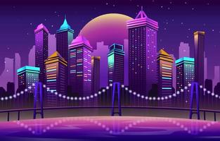 nachtelijke futuristische wolkenkrabber met gebouw en brug vector