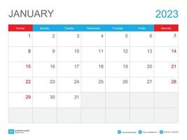 januari 2023 sjabloonkalender 2023 ontwerp, bureaukalender 2023 sjabloon, planner eenvoudig, week begint zondag, briefpapier, wandkalender, afdrukken, advertentie, vectorillustratie vector