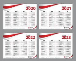 eenvoudige kalendersjabloon voor 2020, 2021, 2022, 2023 jaar op witte achtergrond, bureaukalender, week begint vanaf zondag, bedrijfsorganisatorontwerp, rode golfafbeelding, vectorillustratie vector