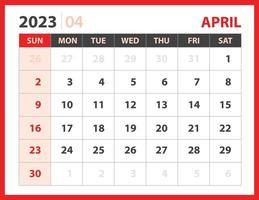 april 2023 sjabloon, kalender 2023 ontwerp vector, planner lay-out, week begint zondag, bureaukalender 2023 sjabloon, briefpapier. muurkalender op rode achtergrond, vectoreps 10 vector