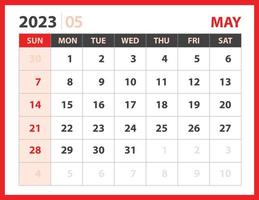 mei 2023 sjabloon, kalender 2023 ontwerp vector, planner lay-out, week begint zondag, bureaukalender 2023 sjabloon, briefpapier. muurkalender op rode achtergrond, vectoreps 10 vector