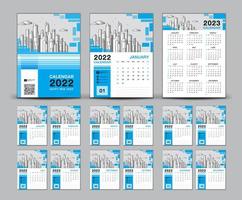 kalender 2022 ontwerpset en blauwe cover kalender 2022 sjabloon, week begint zondag, wandkalender 2023 jaar, bureaukalender ontwerp, planner, afdrukken, poster, advertentie, vector eps10