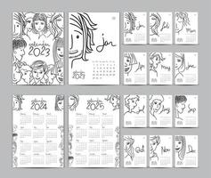 kalender 2023 sjabloon set en kalender 2024-2025 jaar, bureaukalender 2023 ontwerp, planner, belettering, hand getrokken cartoon hipster mensen vector kan worden gebruikt voor, briefkaart, cadeaubon, poster, dagboek