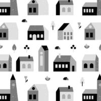 patroon met kleine huisjes in zwart-wit met planten. contrasterende appartementsgebouwen met ramen in vlakke stijl. vectorillustratie. vector