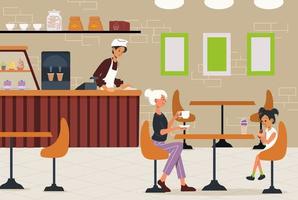 vlakke afbeelding van een café. klanten zitten aan een tafel, barista veegt de toonbank af. vector