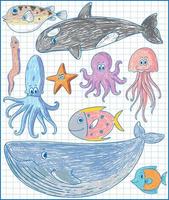 kinderen handgetekende doodle zeedieren vector