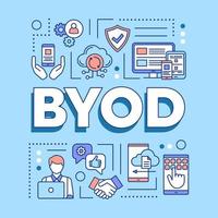 byod woord concepten banner. breng uw eigen apparaat. met behulp van persoonlijke gadgets op de werkplek. presentatie, website. geïsoleerde belettering typografie idee met lineaire pictogrammen. vector overzicht illustratie