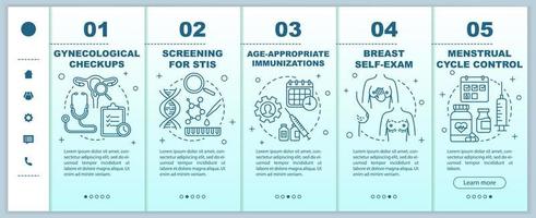 vrouwen gezondheidszorg onboarding mobiele webpagina's vector sjabloon. gynaecologische controles. responsief smartphone-website-interface-idee met lineaire illustraties. webpagina walkthrough stap schermen concept