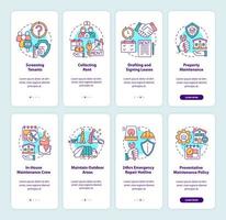 property management onboarding mobiele app-schermset. onroerend goed walkthrough 4 stappen grafische instructiepagina's met lineaire concepten. ui, ux, gui-sjabloon. vector
