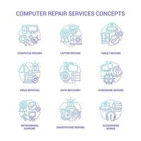 computer reparatie service blauwe kleurovergang concept iconen set. probleem oplossen idee dunne lijn kleurenillustraties. geïsoleerde overzichtstekeningen. bewerkbare streek vector