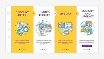 landingspaginastrategieën gele onboarding-sjabloon. internet advertenties. responsieve mobiele website met lineaire conceptpictogrammen. webpagina walkthrough 4 stap schermen. vector