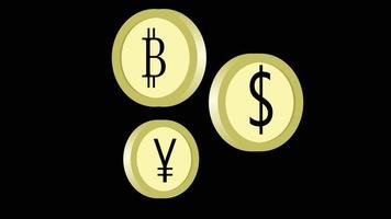 munt met dollar yen en bitcoin symbool teken vector
