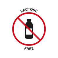 lactosevrij silhouet zwart pictogram. lactose rood stopbord. zuivel voedsel verboden symbool. allergeen ingrediënt verbieden. eco natuurlijk product gratis lactose logo. geen lactosemelk. geïsoleerde vectorillustratie. vector