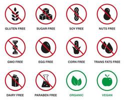 biologisch natuurlijk voedsel voor veganistisch symbool. silhouet ingesteld zwart pictogram. suiker, ggo, zuivel, nitraten, transvet, suiker, soja, suiker, maïs, melk, parabenen en gluten verboden teken. vectorillustratie. vector