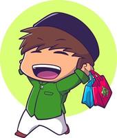 schattige jongen moslim met veel winkeltas die zich gelukkig voelt vector