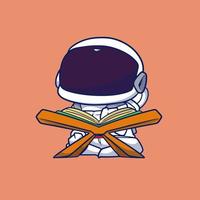 schattige cartoon-astronaut die zit en het heilige boek leest vector