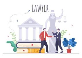 advocaat, advocaat en justitie met wetten, schalen, gebouwen, boek of houten rechterhamer tot adviseur in platte cartoonillustratie vector