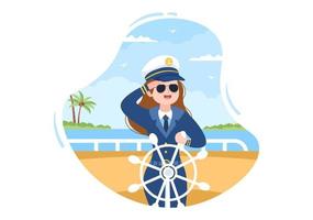 vrouw cruiseschip kapitein cartoon afbeelding in matroos uniform rijden op schepen, kijken met een verrekijker of staande op de haven in plat ontwerp vector