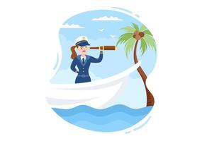 vrouw cruiseschip kapitein cartoon afbeelding in matroos uniform rijden op schepen, kijken met een verrekijker of staande op de haven in plat ontwerp vector