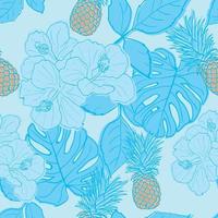 tropische hibiscus, palmbladeren, monstera, ananas naadloze patroonachtergrond. exotisch jungle inpakpapier. mooie print met handgetekende exotische planten. zomerontwerp voor mode, print vector